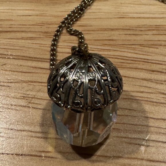 Vintage Aurora Borealis Faceted Crystal Ball Filigree Cap Pendant Necklace 24" - Picture 4 of 6